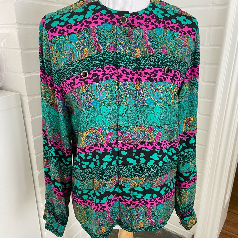 womens silk jewel tones colorful vibrant retro 1990 classic blouse size 8